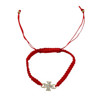 Браслет плетеный с крестиком и камешками (красный)