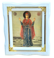 Икона Пресвятой Богородицы "Нерушимая стена" белая рамка, золотые углы ↕25см ↔22см