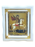 Святой Георгий Победоносец белая рамка, золотые углы ↕25см ↔22см