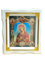 Икона Пресвятой Богородицы "Семистрельная" белая рамка, золотые углы ↕25см ↔22см