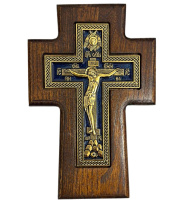 Крест деревянный прямой (синяя металлическая вставка) 14/20 см