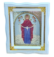 Икона Пресвятой Богородицы "Покрова" белая рамка, золотые углы ↕25см ↔22см