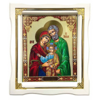 Икона Пресвятой Богородицы "Святое Семейство" белая рамка, золотые углы ↕25см ↔22см