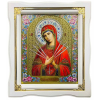 Икона Пресвятой Богородицы "Семистрельная" белая рамка, золотые углы ↕25см ↔22см