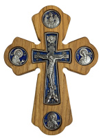 Крест деревянный фигурный  (синяя металлическая вставка) 17/23см