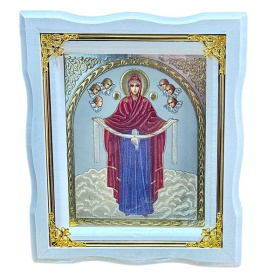 Икона Пресвятой Богородицы "Покрова" белая рамка, золотые углы ↕25см ↔22см