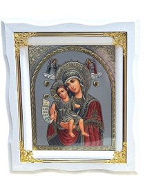 Икона Пресвятой Богородицы "Достойно Есть" белая рамка, золотые углы ↕25см ↔22см