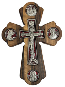 Крест деревянный фигурный  (красная металлическая вставка) 17/23 см