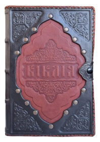 Библия с застежкой на кнопке, сочетание двух видов кожи 18/25