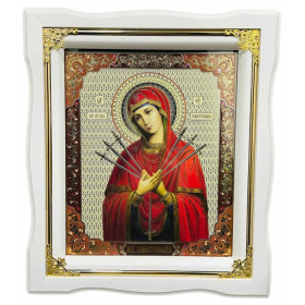Икона Пресвятой Богородицы "Семистрельная" белая рамка, золотые углы ↕25см ↔22см