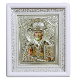 Николай Чудотворец белая рамка, (риза) 21/24 см