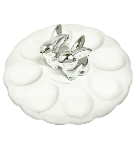 Тарелка подставка под пасхальные яйца керамика (серебряные зайчата)