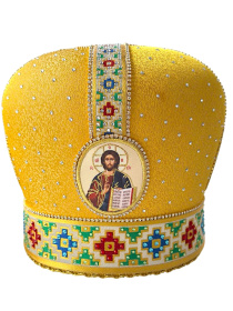 Митра парча с галунами Орнамент (желтая с золотом) 56р