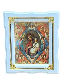Икона Пресвятой Богородицы "Неопалимая купина" белая рамка, золотые углы ↕25см ↔22см