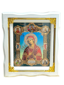 Икона Пресвятой Богородицы "Семистрельная" белая рамка, золотые углы ↕25см ↔22см