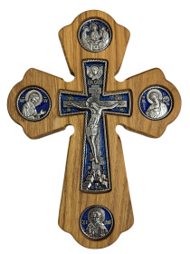 Крест деревянный фигурный  (синяя металлическая вставка) 17/23см